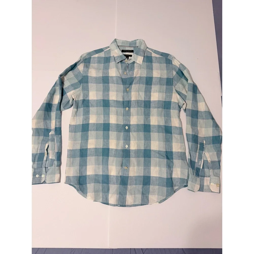 Banana Republic Camden Fit Linen Shirt Mens Small Blue White Buffalo Check Plaid